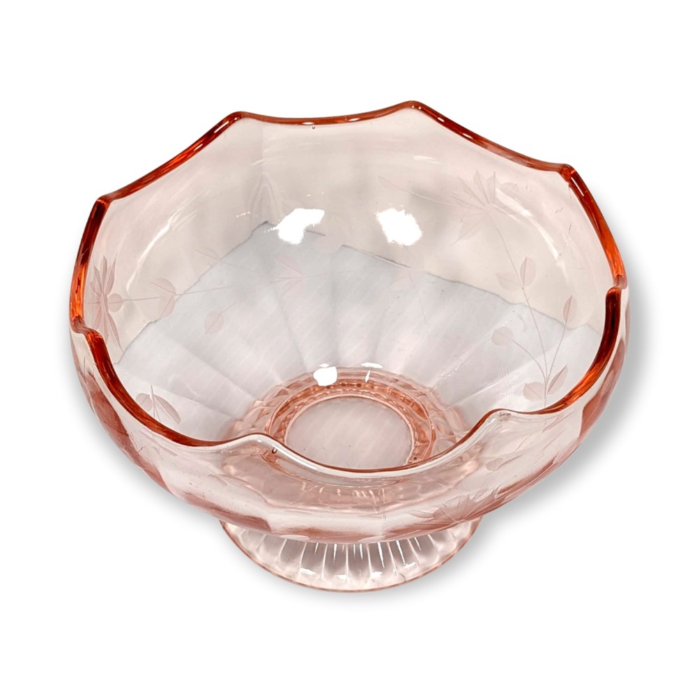 Pink Depression Glass Bowl Scalloped Top Compote Floral Etched Pedestal - Picture 2 of 8